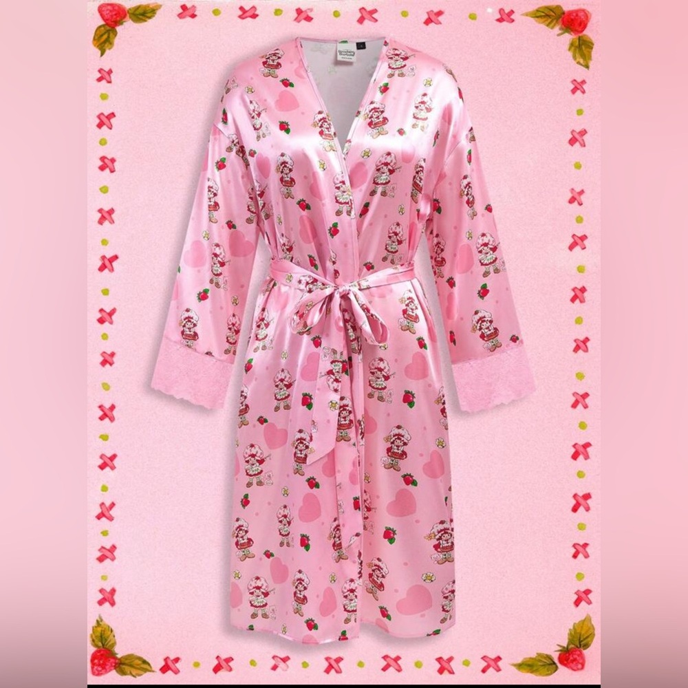 Strawberry Shortcake Women’s Lace Tie-Waist Faux Silk Robe 🍓🍰Multiple Sizes